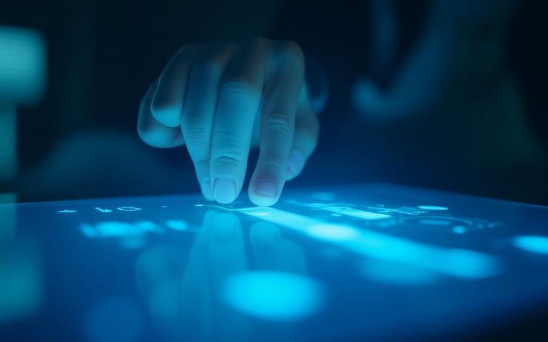 Eine moderne Benutzeroberfläche eines interaktiven digitalen Displays, das immersive 3D-Graphiken und taktile Elemente anzeigt, mit einer Hand, die darauf tippt.